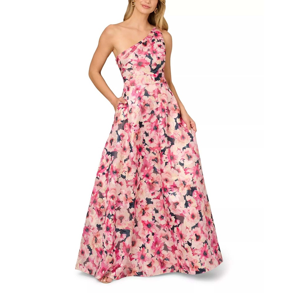 Aidan Mattox Gown 6 Pink One Shoulder Floral Metallic Jacquard wedding guest